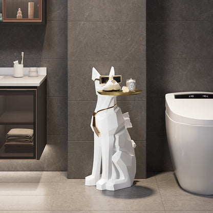 Modern White Resin Dog Sculpture Cute End Side Table with Metal Storage Tray Tissue Box - 