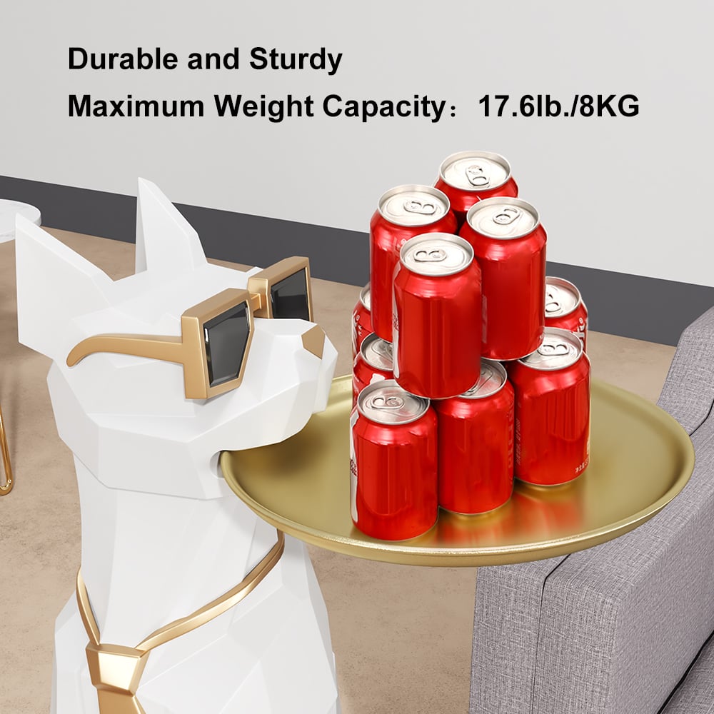 Modern White Resin Dog Sculpture Cute End Side Table with Metal Storage Tray Tissue Box - 