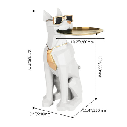 Modern White Resin Dog Sculpture Cute End Side Table with Metal Storage Tray Tissue Box - 