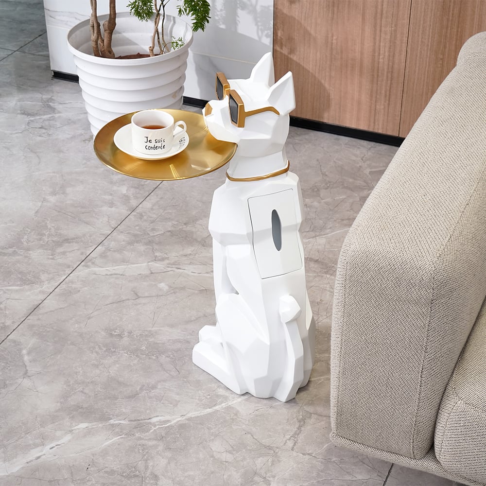 Modern White Resin Dog Sculpture Cute End Side Table with Metal Storage Tray Tissue Box - 