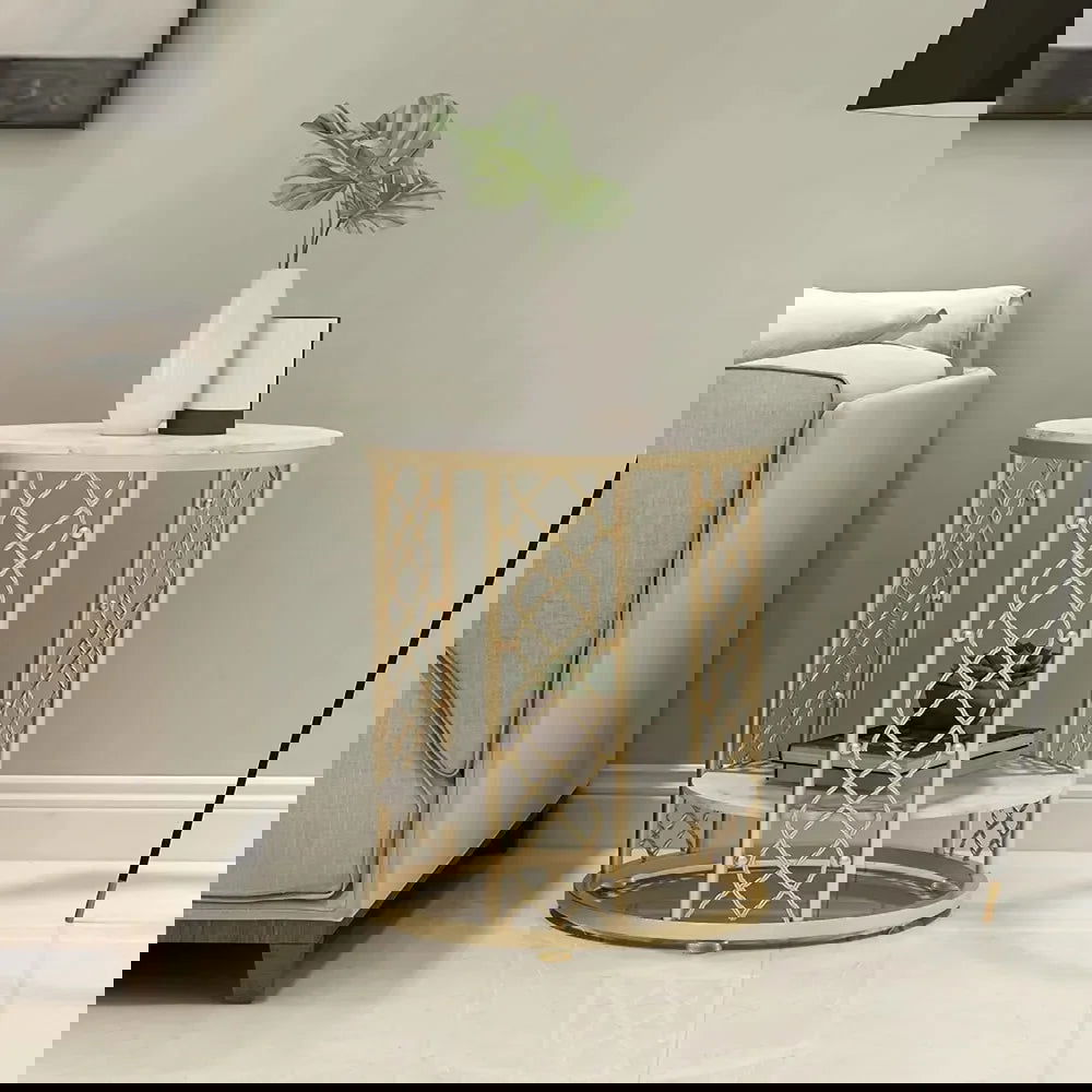 Modern White Round End Table with Storage Marble Side Table Metal in Gold - 