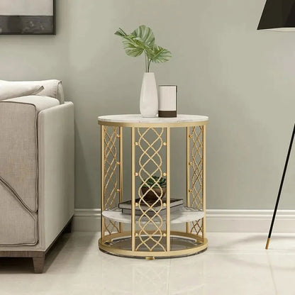 Modern White Round End Table with Storage Marble Side Table Metal in Gold - 