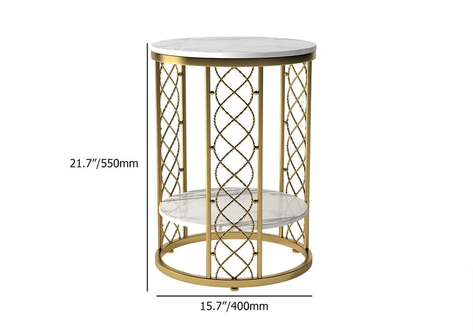 Modern White Round End Table with Storage Marble Side Table Metal in Gold - 