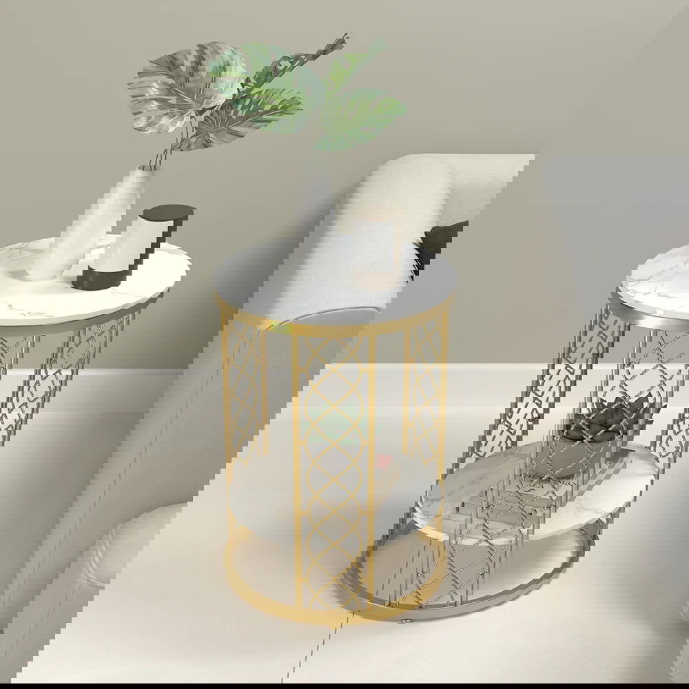 Modern White Round End Table with Storage Marble Side Table Metal in Gold - 