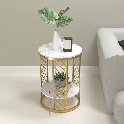 Modern White Round End Table with Storage Marble Side Table Metal in Gold - 