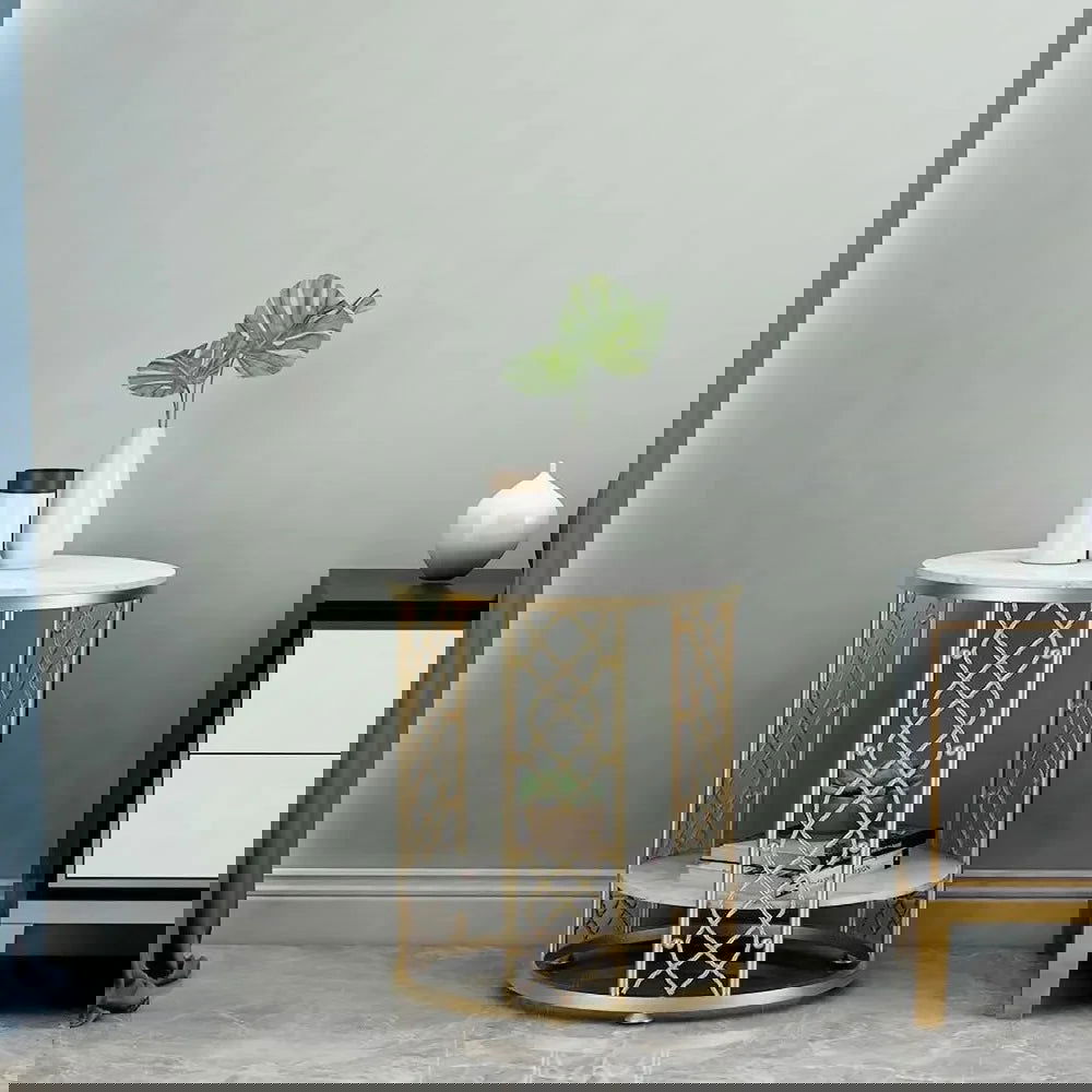 Modern White Round End Table with Storage Marble Side Table Metal in Gold - 