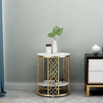 Modern White Round End Table with Storage Marble Side Table Metal in Gold - 
