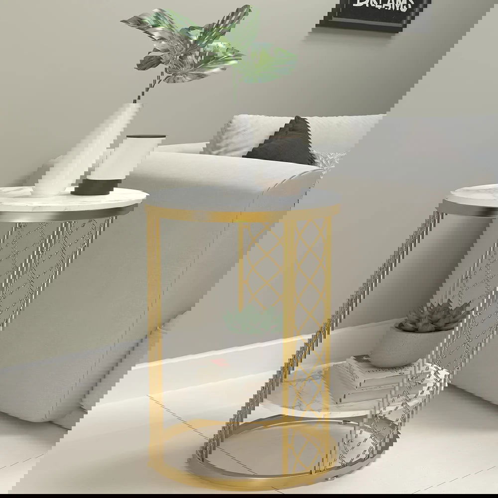 Modern White Round End Table with Storage Marble Side Table Metal in Gold - 