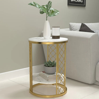 Modern White Round End Table with Storage Marble Side Table Metal in Gold - 