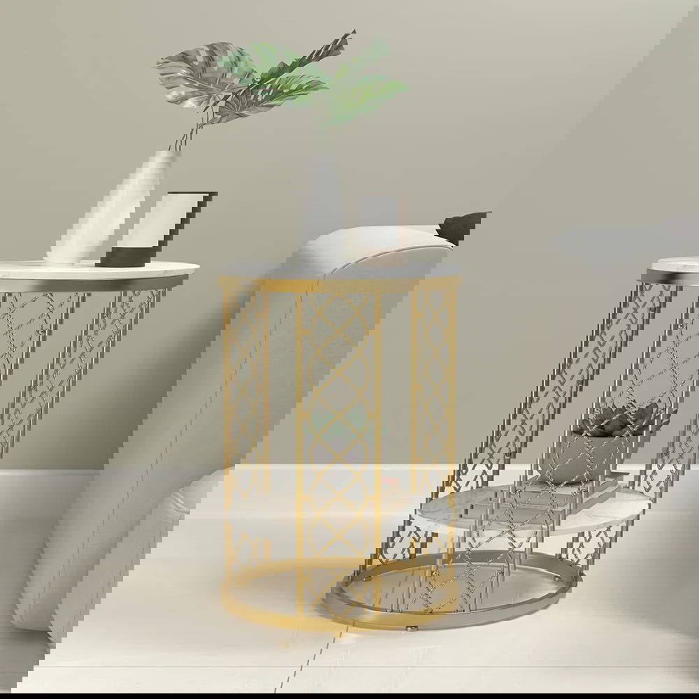 Modern White Round End Table with Storage Marble Side Table Metal in Gold - Homary