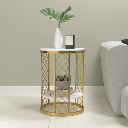 Modern White Round End Table with Storage Marble Side Table Metal in Gold - Homary