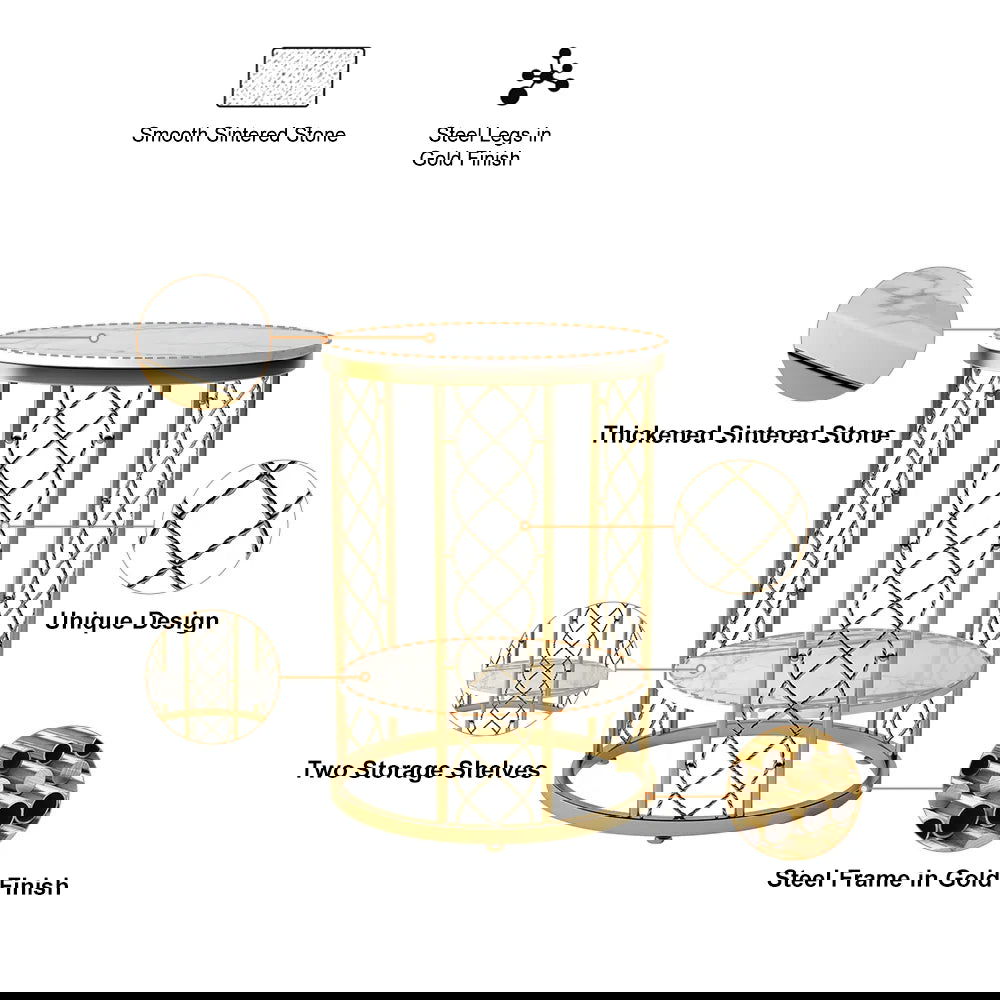 Modern White Round End Table with Storage Marble Side Table Metal in Gold - Homary