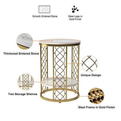 Modern White Round End Table with Storage Marble Side Table Metal in Gold - Homary