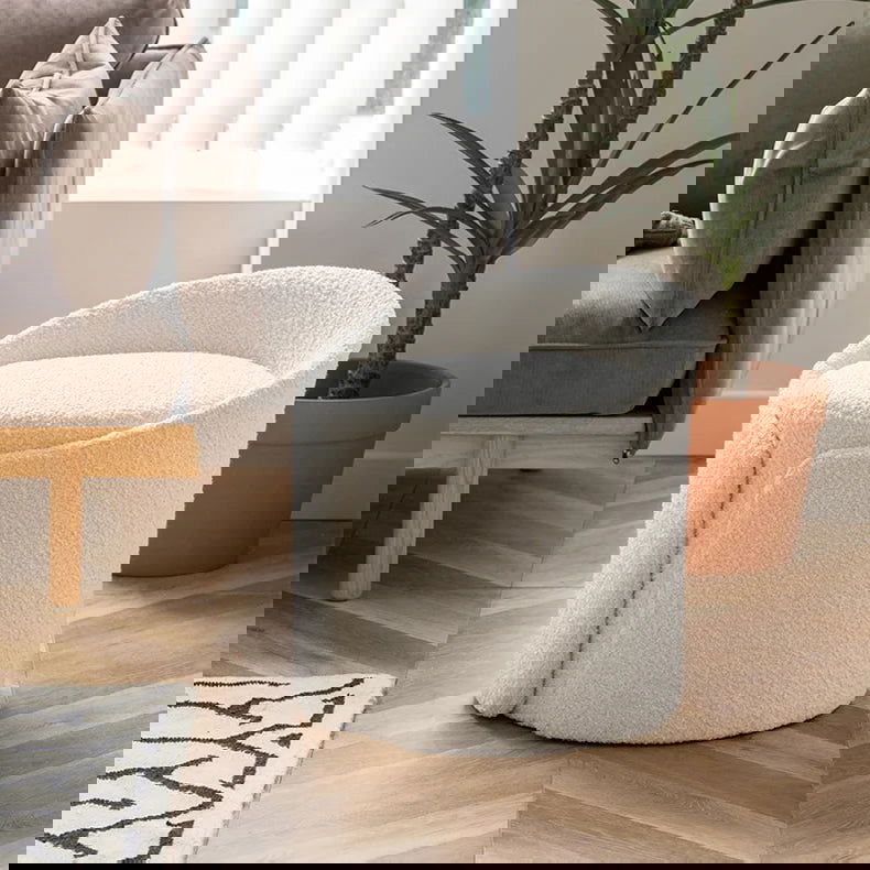 Modern White Round Lamb Wool Vanity Stool with Backrest - 