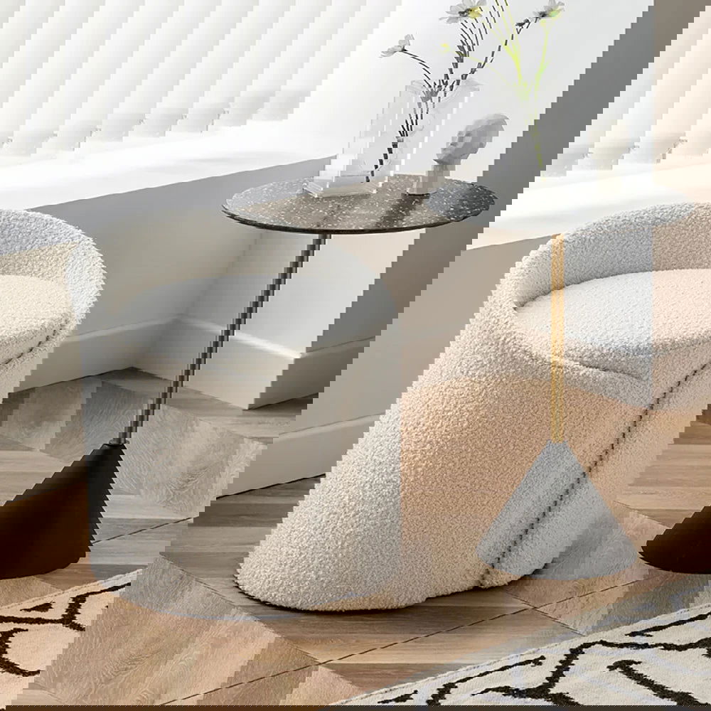 Modern White Round Lamb Wool Vanity Stool with Backrest - 