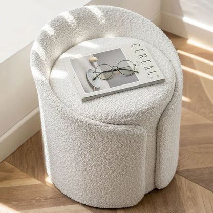 Modern White Round Lamb Wool Vanity Stool with Backrest - 
