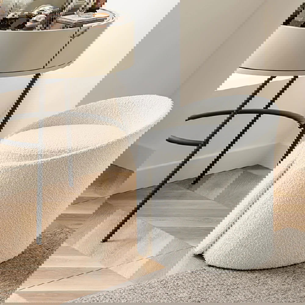 Modern White Round Lamb Wool Vanity Stool with Backrest - Homary