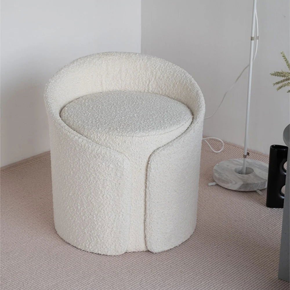 Modern White Round Lamb Wool Vanity Stool with Backrest - Homary