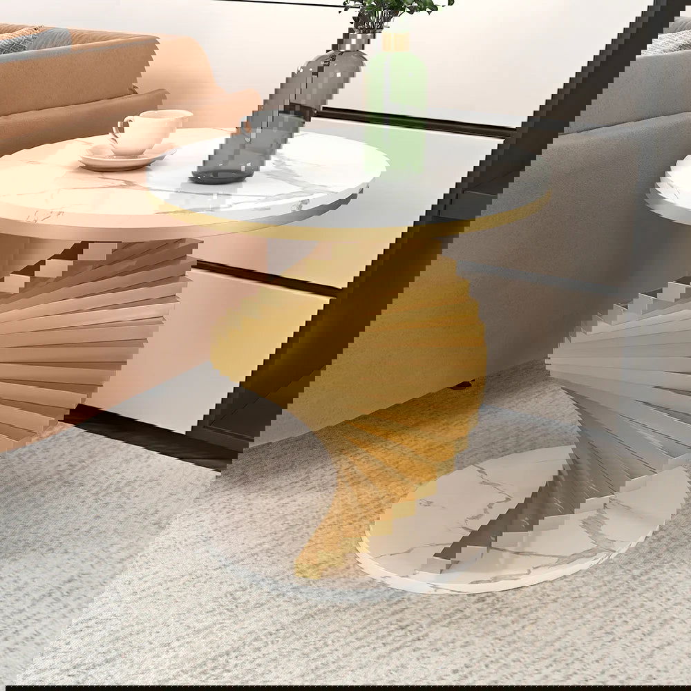 Modern White Round Metal Side Table with Faux Marble Tabletop End Table - 