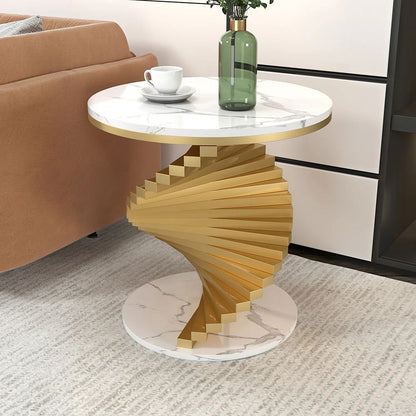 Modern White Round Metal Side Table with Faux Marble Tabletop End Table - 