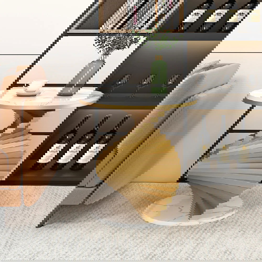 Modern White Round Metal Side Table with Faux Marble Tabletop End Table - 