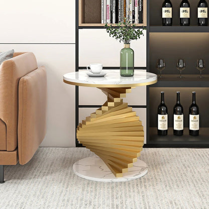 Modern White Round Metal Side Table with Faux Marble Tabletop End Table - 