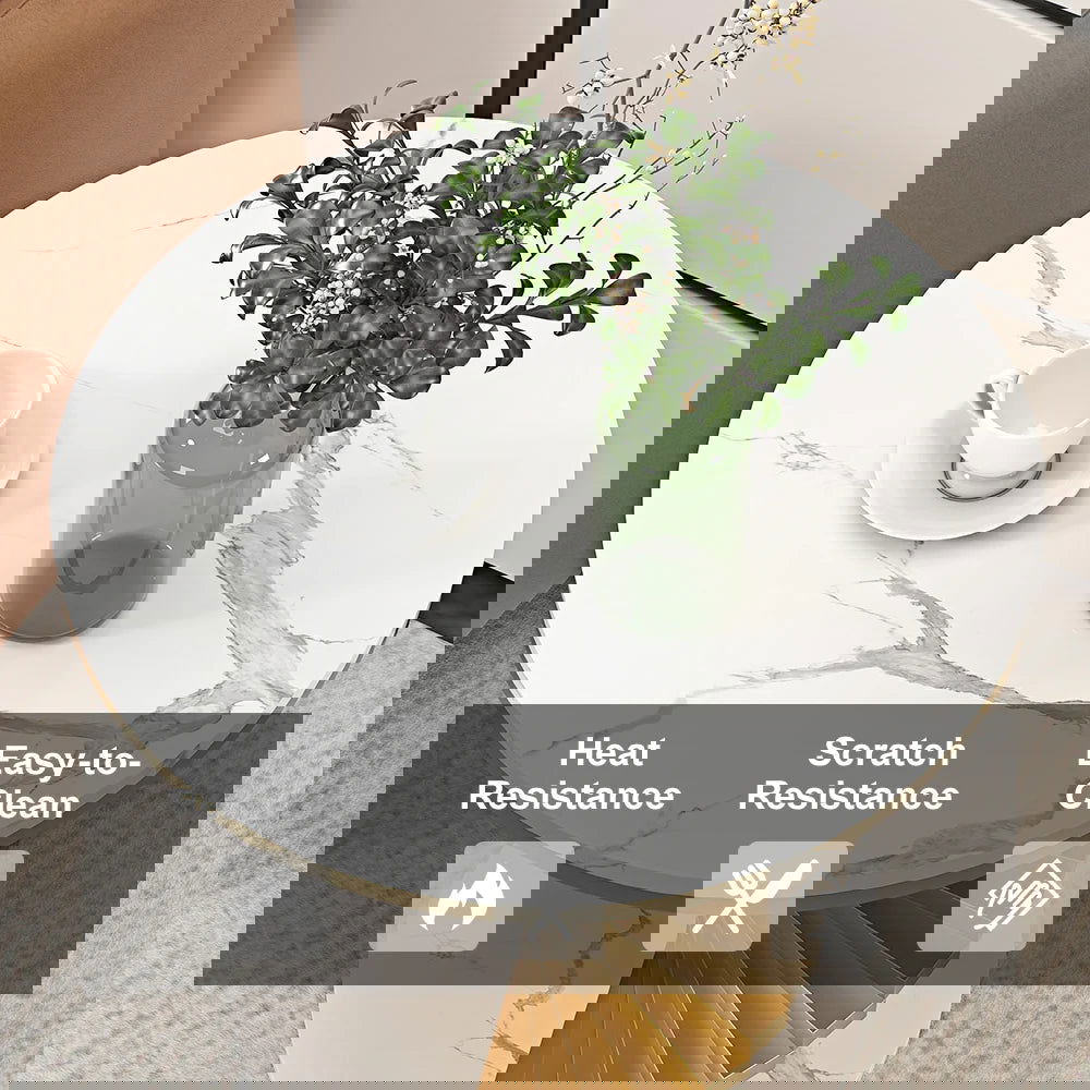 Modern White Round Metal Side Table with Faux Marble Tabletop End Table - 