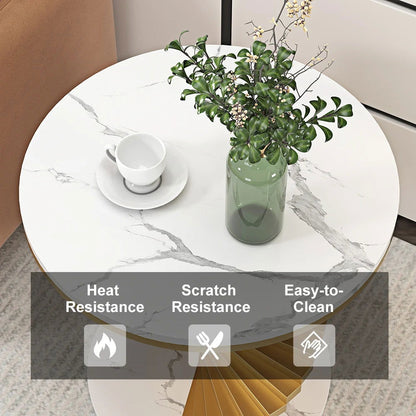 Modern White Round Metal Side Table with Faux Marble Tabletop End Table - 