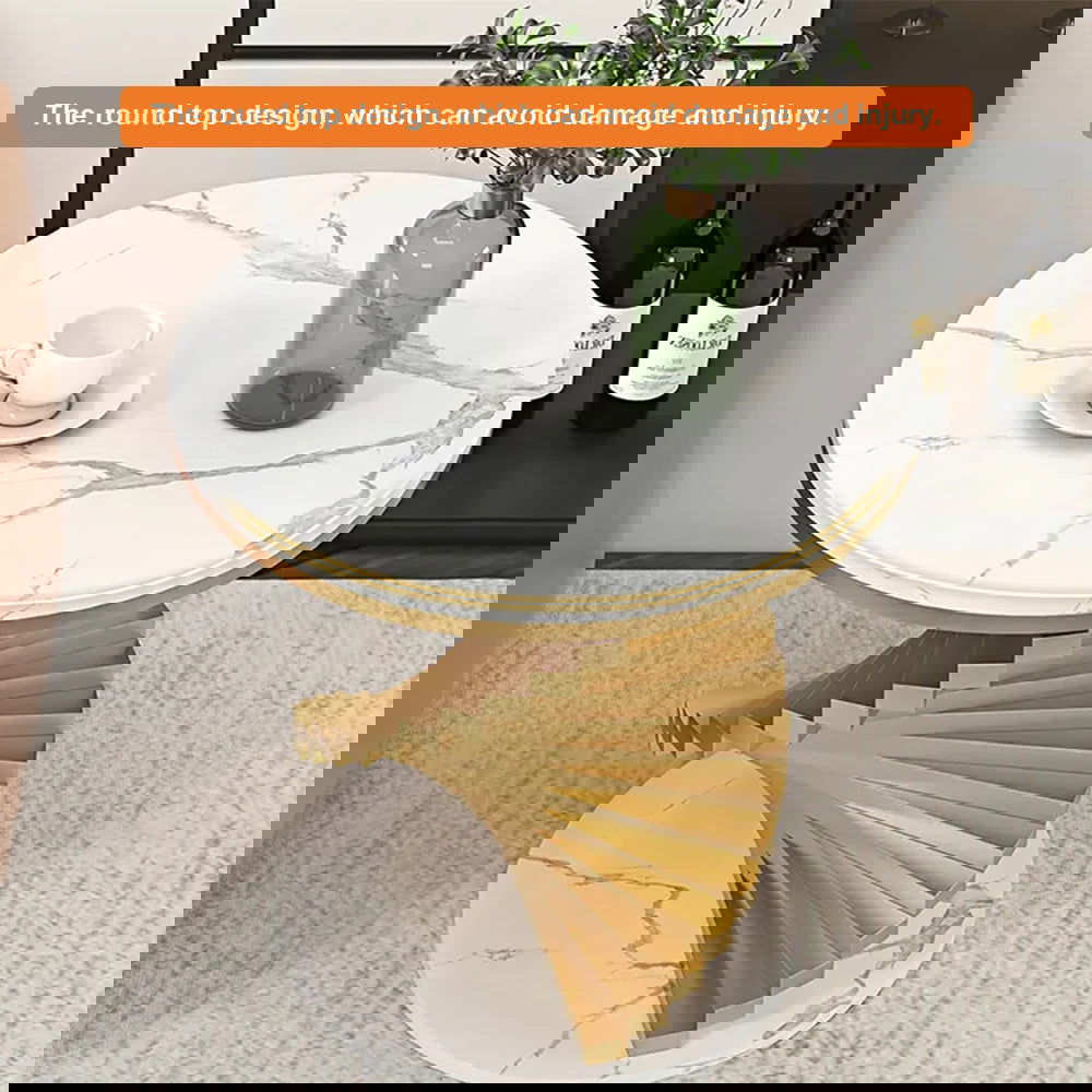 Modern White Round Metal Side Table with Faux Marble Tabletop End Table - 