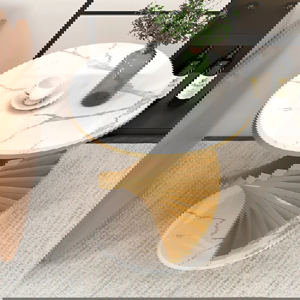 Modern White Round Metal Side Table with Faux Marble Tabletop End Table - 