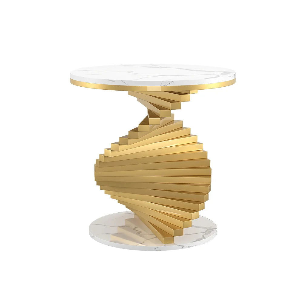 Modern White Round Metal Side Table with Faux Marble Tabletop End Table - 