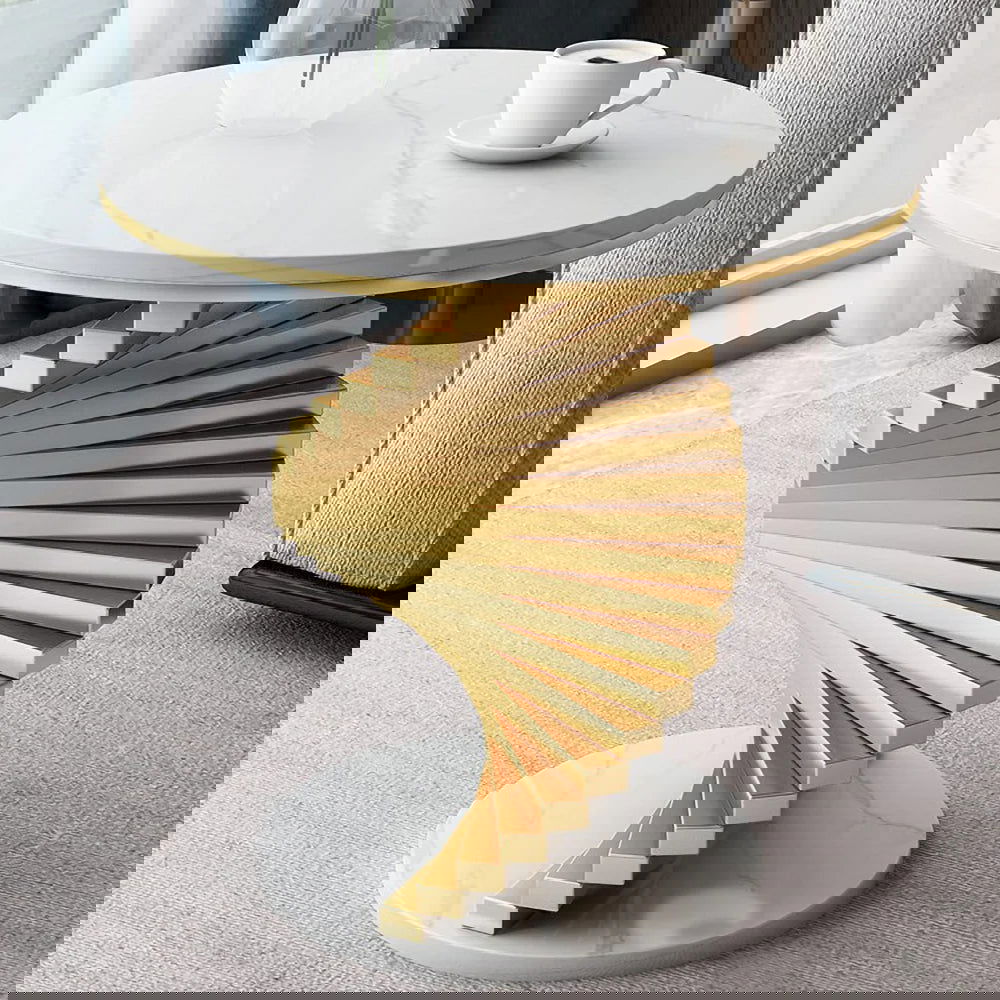 Modern White Round Metal Side Table with Faux Marble Tabletop End Table - Homary