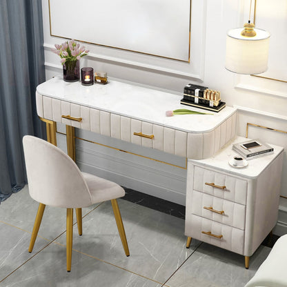 Modern White Velvet Makeup Vanity Expandable Dressing Table with Cabinet & Chair - 