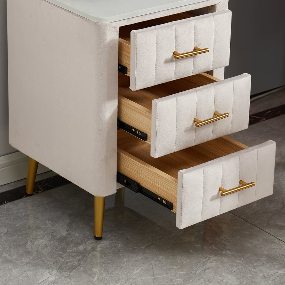 Modern White Velvet Makeup Vanity Expandable Dressing Table with Cabinet & Chair - 