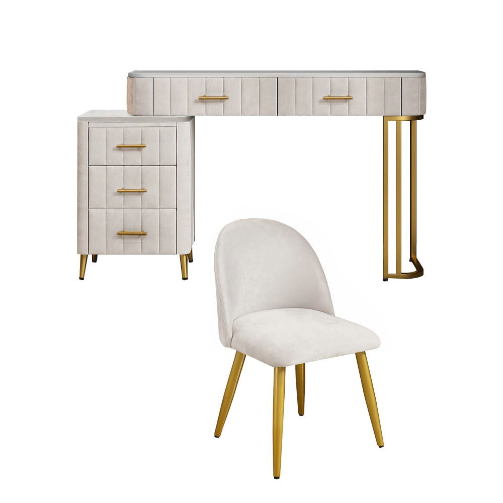 Modern White Velvet Makeup Vanity Expandable Dressing Table with Cabinet & Chair - 