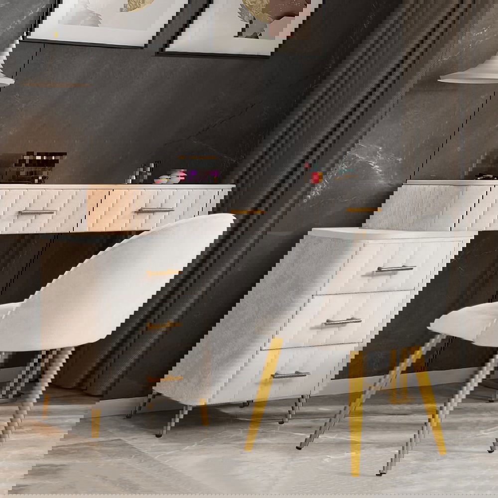 Modern White Velvet Makeup Vanity Expandable Dressing Table with Cabinet & Chair - Homary