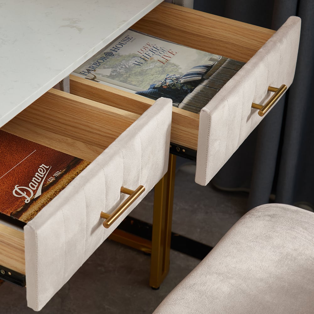 Modern White Velvet Makeup Vanity Table Expandable Dressing Table with Cabinet - 