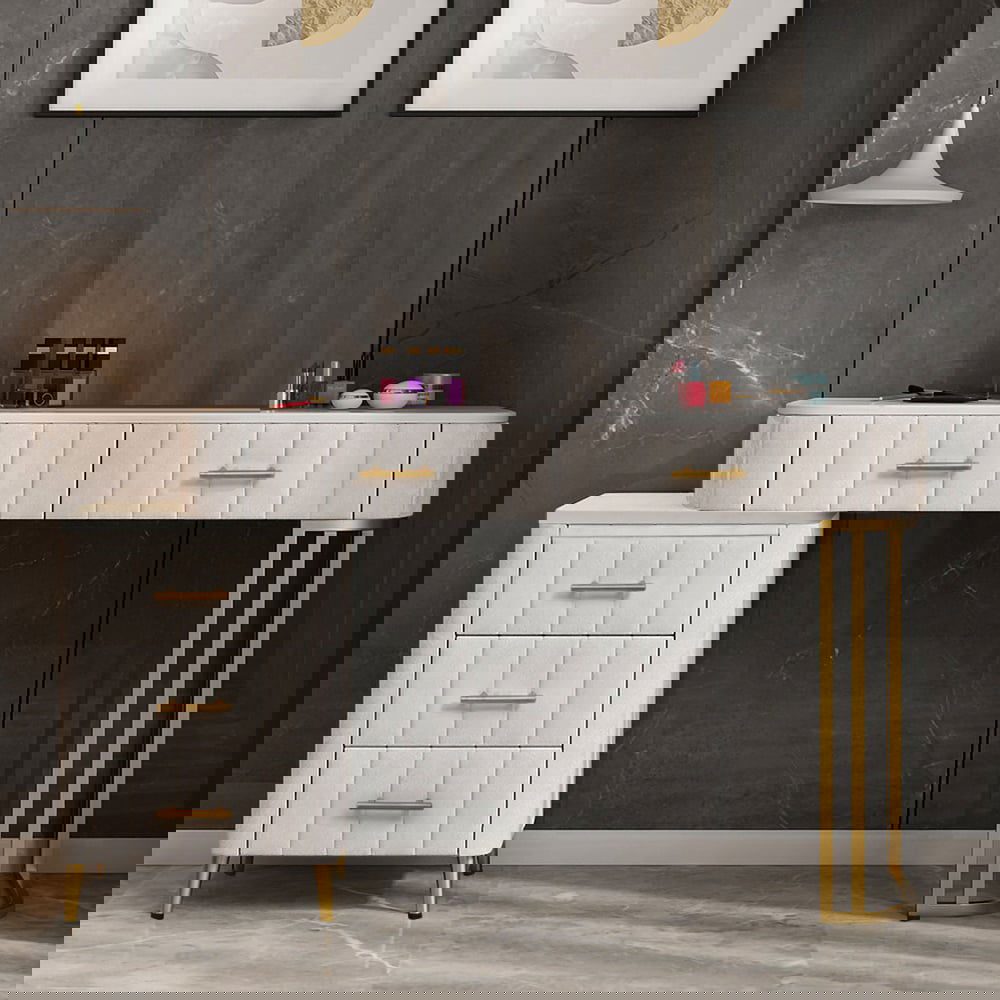 Modern White Velvet Makeup Vanity Table Expandable Dressing Table with Cabinet - Homary