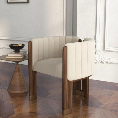 Modern Wood Accent Chair Beige Velvet Upholstered Arm Chair - 