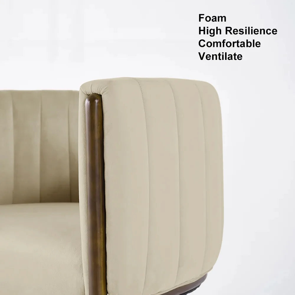 Modern Wood Accent Chair Beige Velvet Upholstered Arm Chair - 