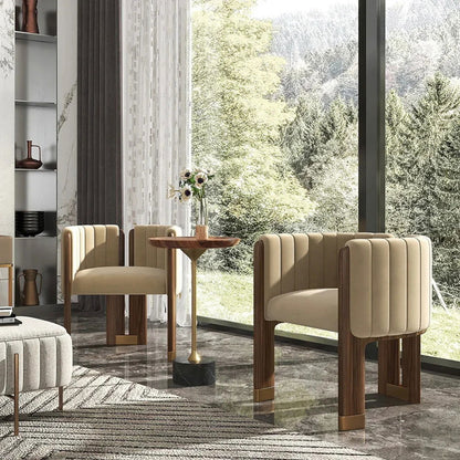 Modern Wood Accent Chair Camel Velvet Upholstered Arm Chair - 