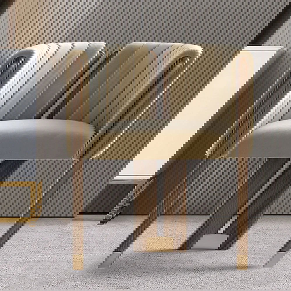 Modern Wood Accent Chair Camel Velvet Upholstered Arm Chair - 