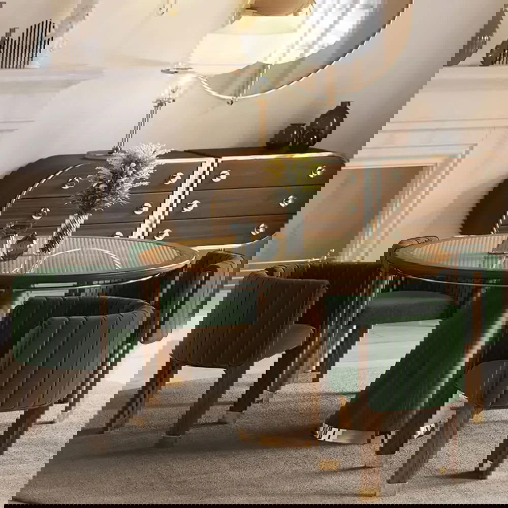 Modern Wood Accent Chair Green Velvet Upholstered Arm Chair - 