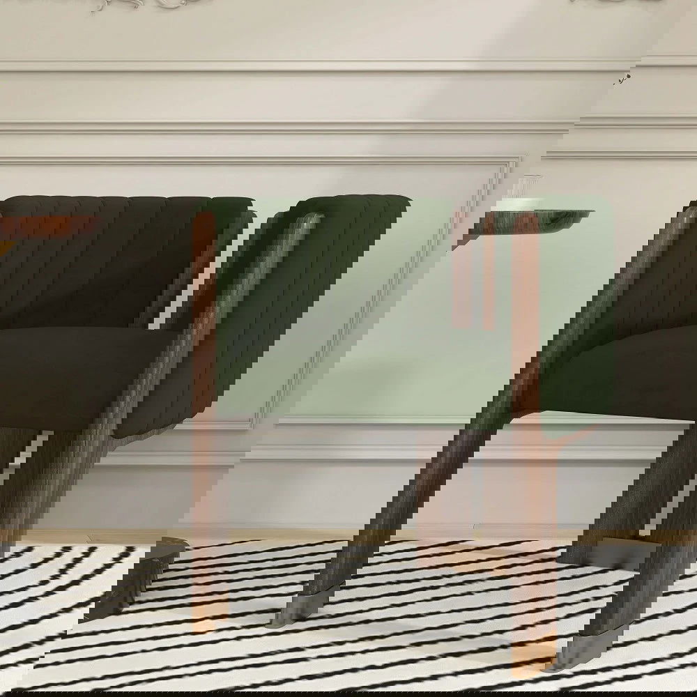 Modern Wood Accent Chair Green Velvet Upholstered Arm Chair - 