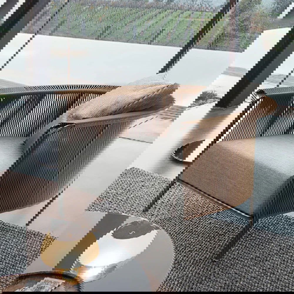 Modern Woven PE Rattan Outdoor Barrel Chair with Back Flared Edge in Brown & Grey - 