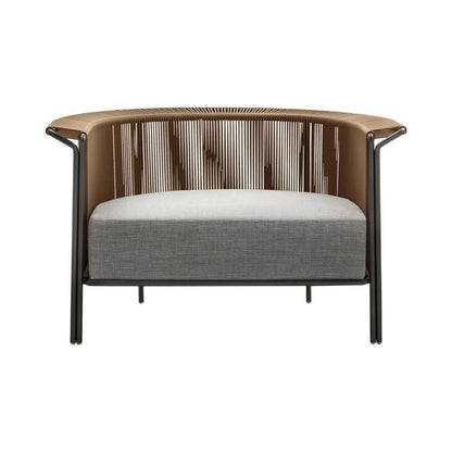 Modern Woven PE Rattan Outdoor Barrel Chair with Back Flared Edge in Brown & Grey - 