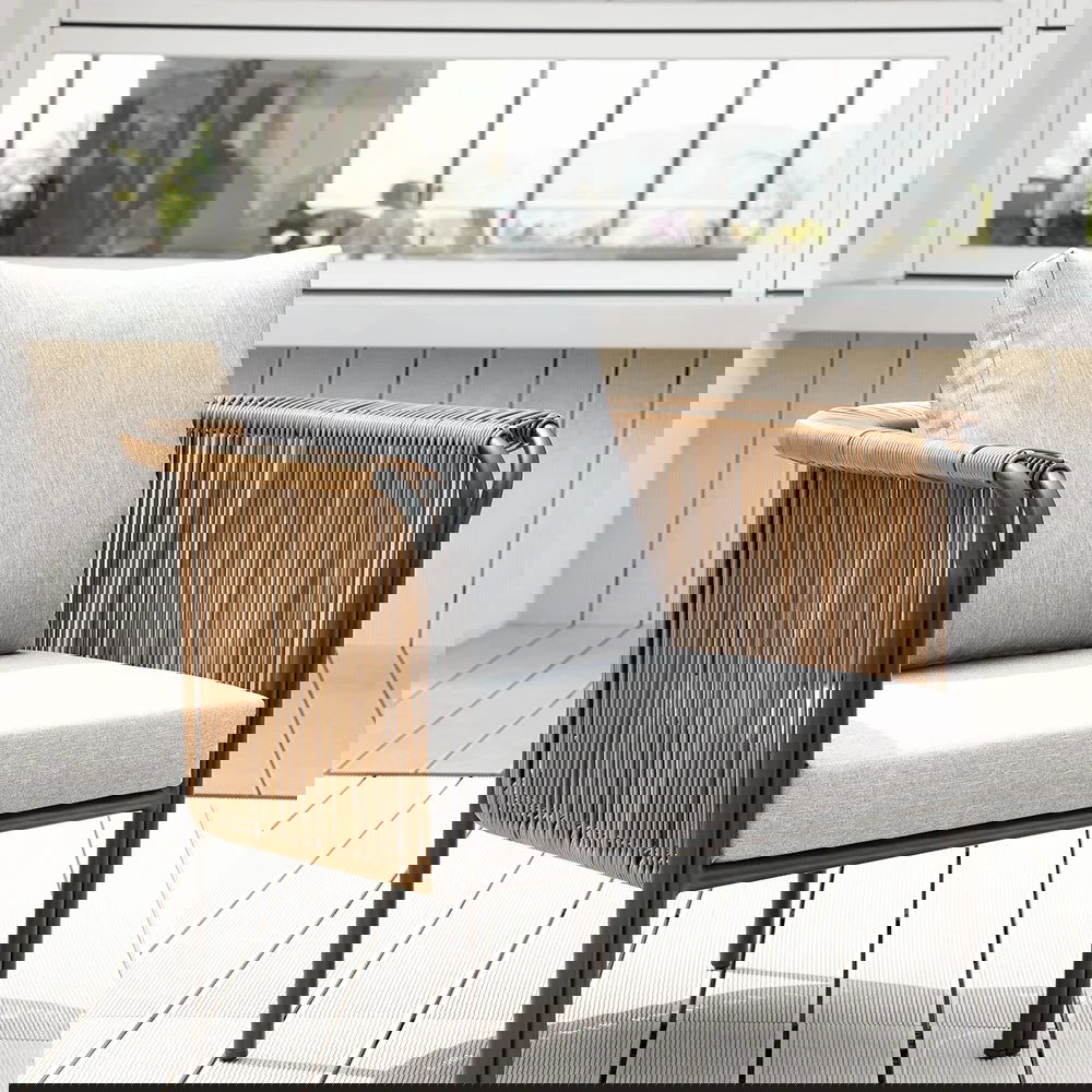 Modern Woven PE Rattan Outdoor Barrel Chair with Back Flared Edge in Brown & Grey - 