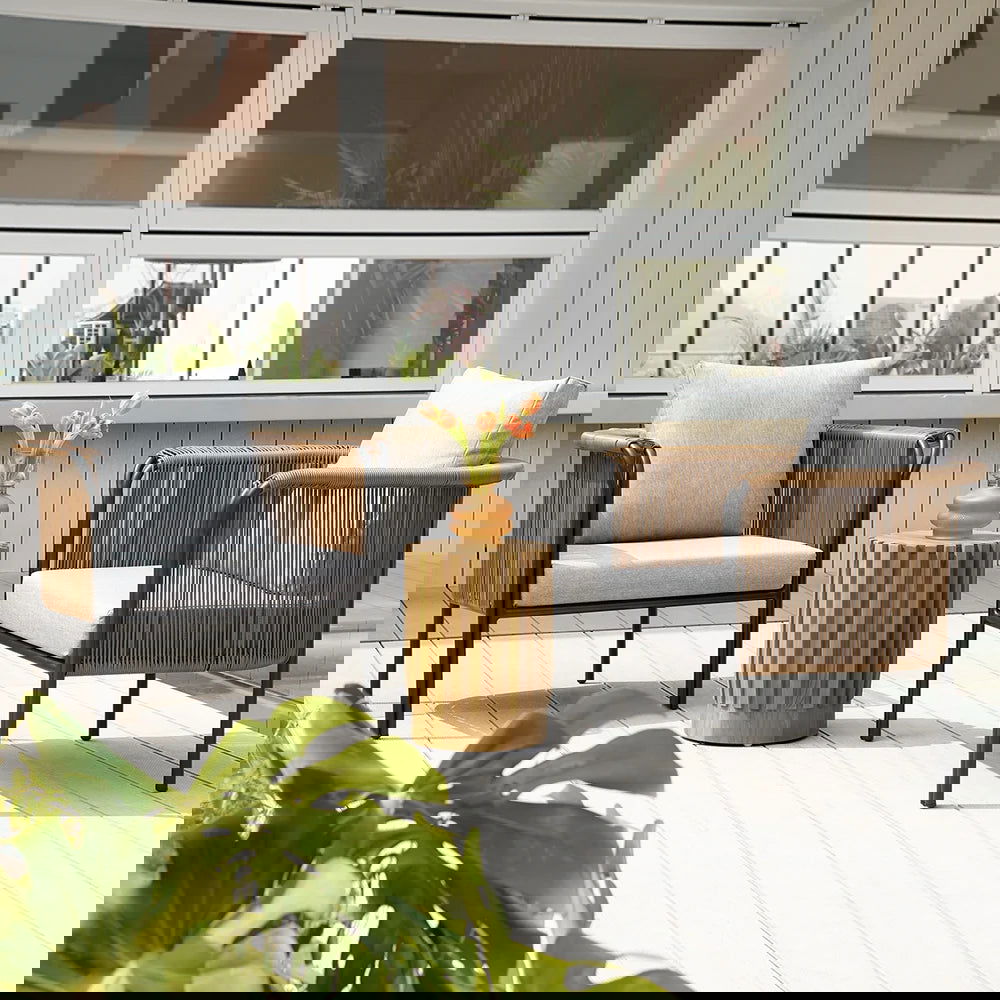 Modern Woven PE Rattan Outdoor Barrel Chair with Back Flared Edge in Brown & Grey - Homary