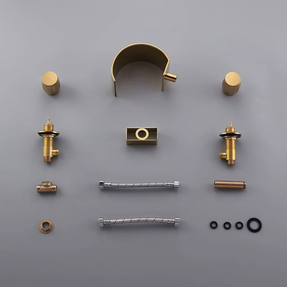 Mooni Modern Waterfall 3-Hole 2-Handle Bathroom Basin Tap in Gold Solid Brass - 