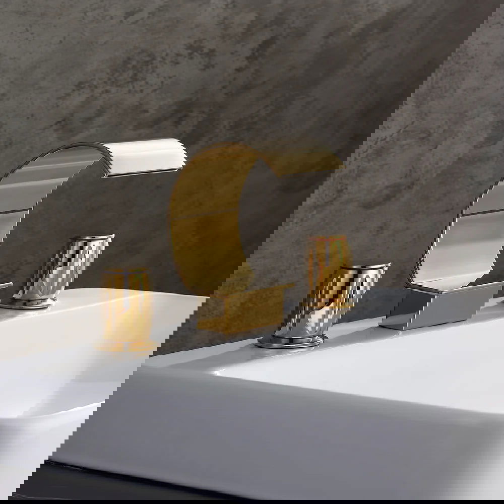 Mooni Modern Waterfall 3-Hole 2-Handle Bathroom Basin Tap in Gold Solid Brass - 